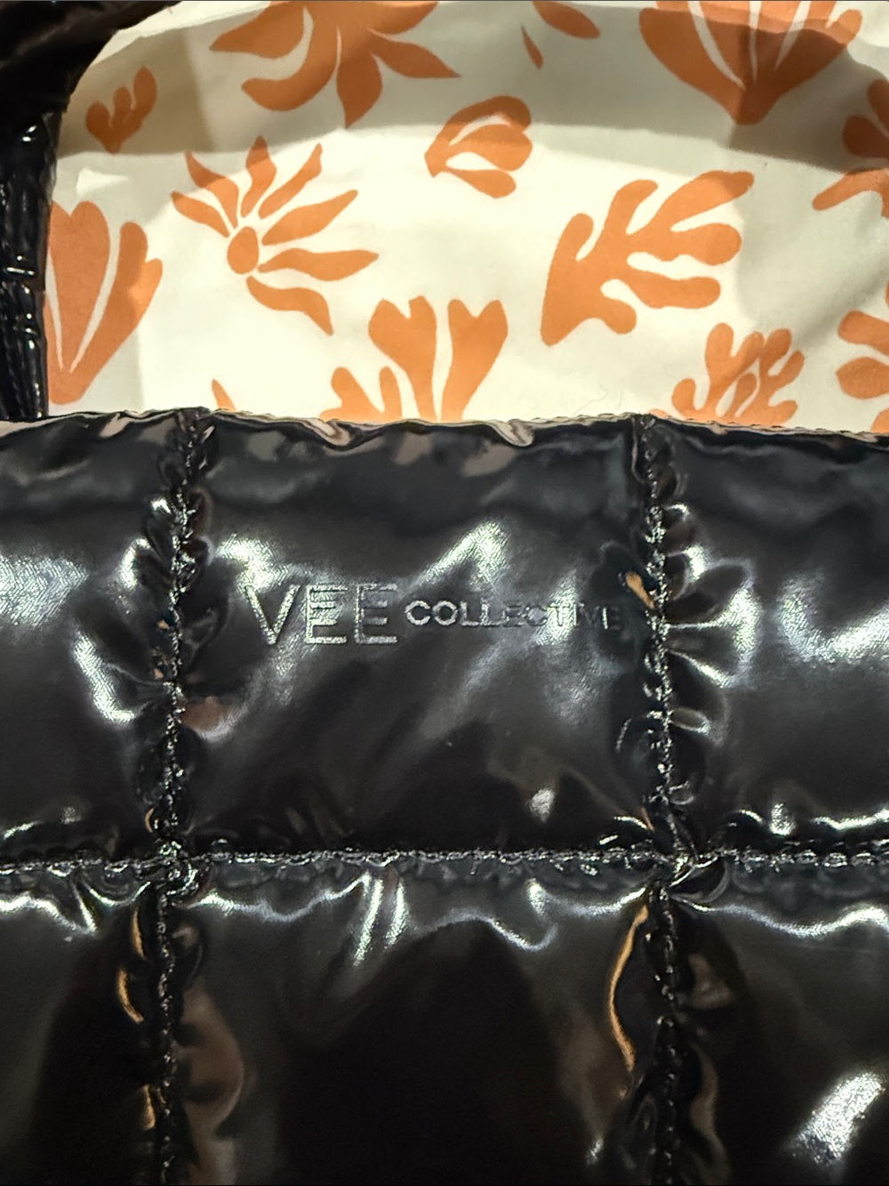 Glossy Quilted Black Tote Bag with Top Handles - Picture 2 of 4